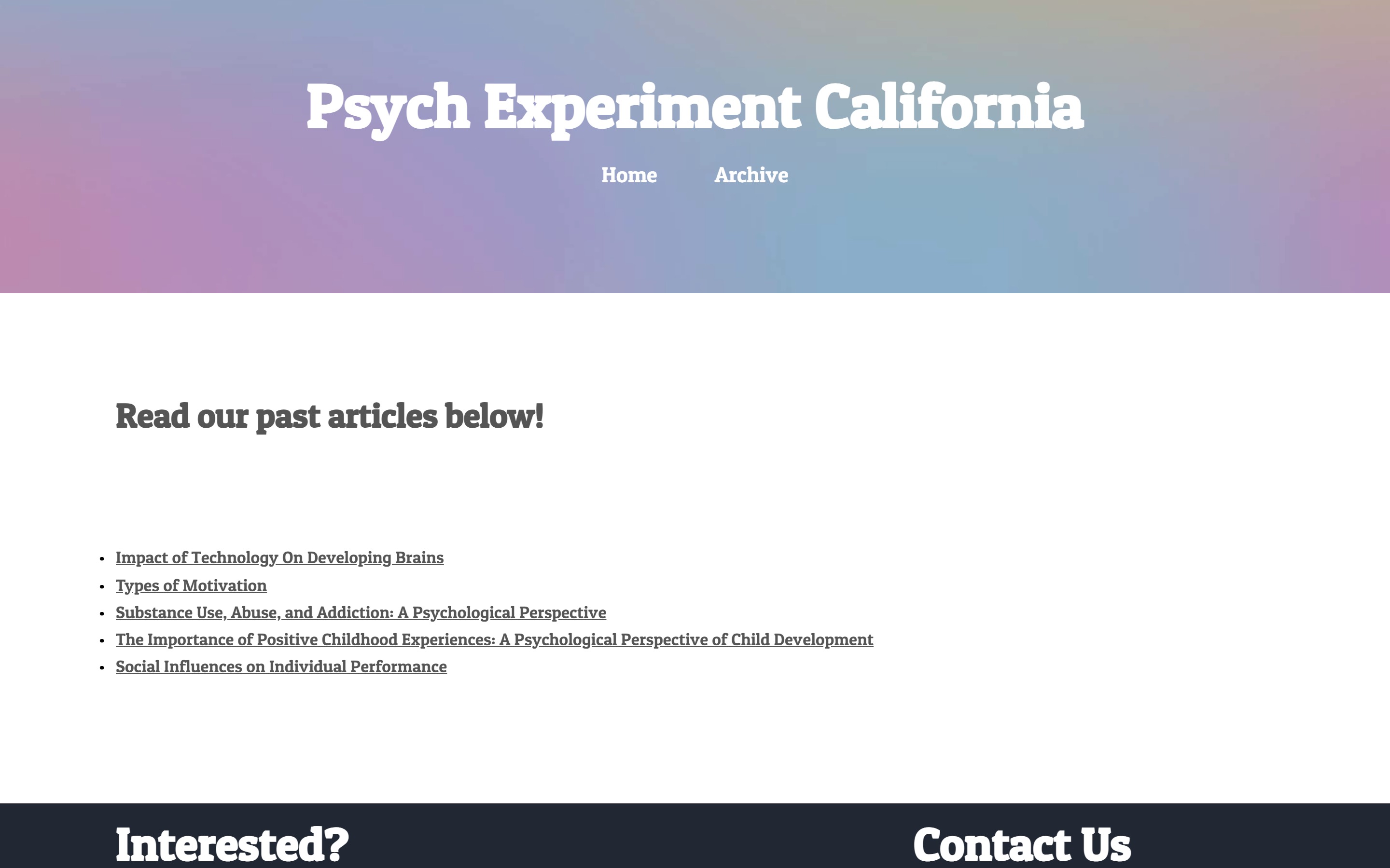 The Past Articles archive listing published pieces